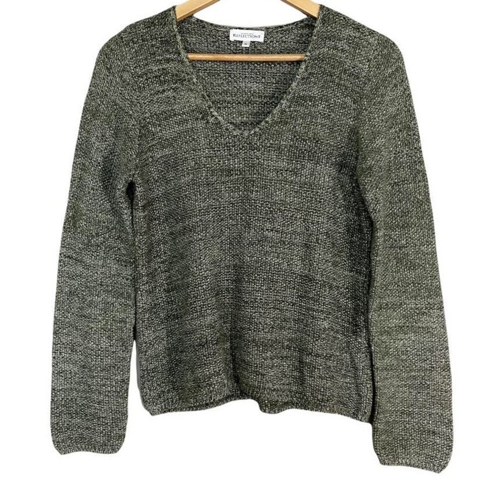 Northern Reflections Army Green Metallic V-neck Knit Sweater Sz M